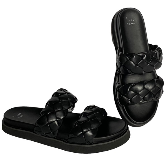 a new day Shoes - A New Day Sage Braided Strap Sandal 9 Black Faux Leather Braid Footbed Slide EUC